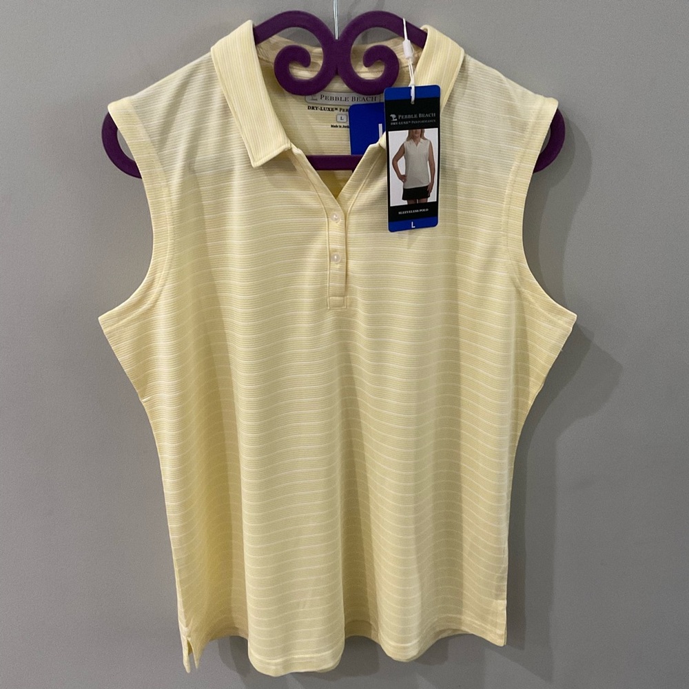 Pebble Beach Women’s Yellow and White striped sleeves polo.